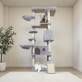 84.6 in Light Gray Cat Tree Tower with Wide Base, 3 Large Hinding Condo, 11 Sisal Scratching Post, Sisal Scratching Ladder, 2 Hammocks