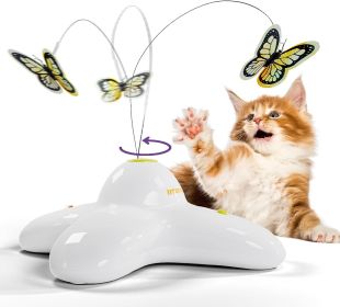 Interactive Cat Toy, White Automatic Butterfly Cat Toy with 2 Replacements, 360 Degree Rotation, Sturdy Interactive Cat Butterfly Toy