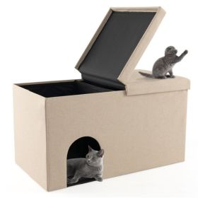 Beige Cat Litter Box Enclosure, Entrance Shoe Stool with Urine Proof Litter Mat