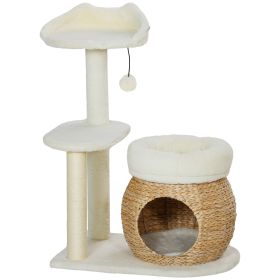 31" Cat Tree Tower with Scratching Posts, Cat Condo, Beds, Platform and Toy Ball for Indoor Cats, Cream White