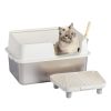 Stainless Steel Cat Litter Box with Lid, Extra Large Litter Pan with High Sides for Big Cats, Kitty Litter Box with Pedal Filter and Scoop, No Odor