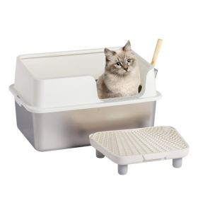Stainless Steel Cat Litter Box with Lid, Extra Large Litter Pan with High Sides for Big Cats, Kitty Litter Box with Pedal Filter and Scoop, No Odor
