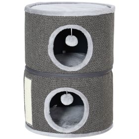 2-Story Cat Condo Barrel Tree with Top Perch, 2 Hideaways, Scratching Board, Removable Cushions, Toy Balls, Dark Grey