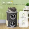 2-Story Cat Condo Barrel Tree with Top Perch, 2 Hideaways, Scratching Board, Removable Cushions, Toy Balls, Dark Grey